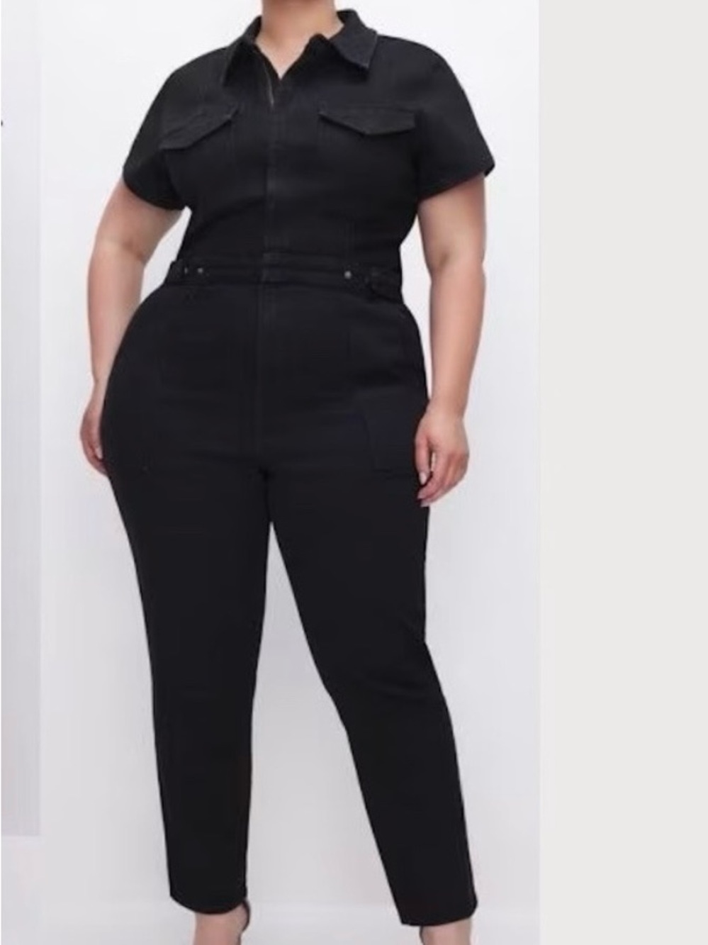 Good American Fit For Success Black Short-Sleeve Zip Jumpsuit